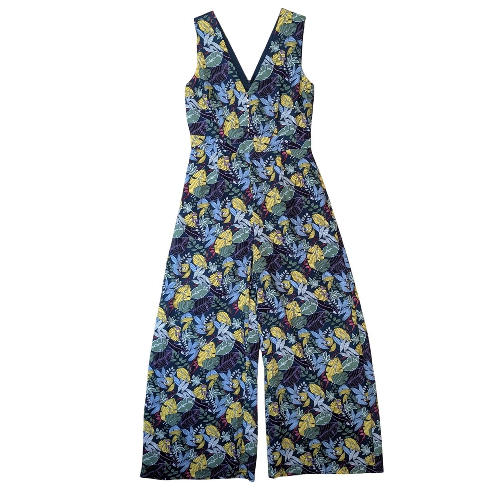 Skies Are Blue Women's Resort Tropical Leaf Wide Leg Jumpsuit Suze M V-Neck Teal